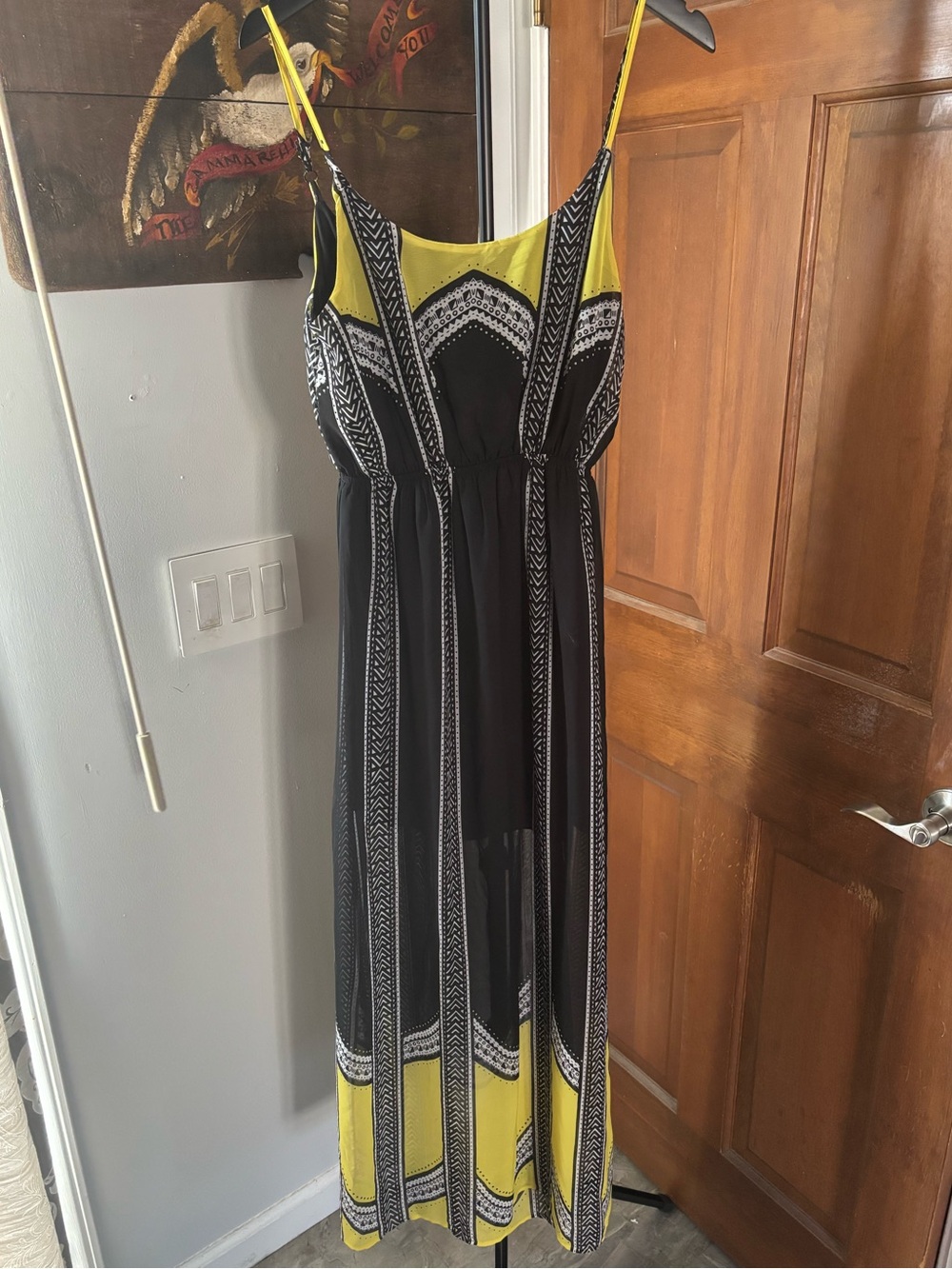 Yellow and Black Patterned Maxi Dress - Women's Small Spaghetti Strap Open Back